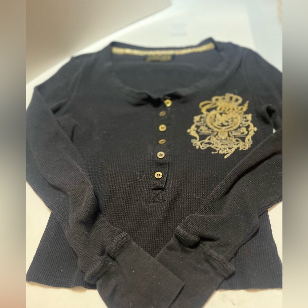 COOGI Black Long Sleeve Henley with Gold Embroidery